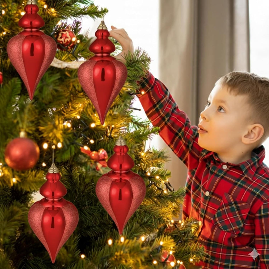 4 Pcs 9" Christmas Ball Ornament, Red Glitter Finial Drop Decor