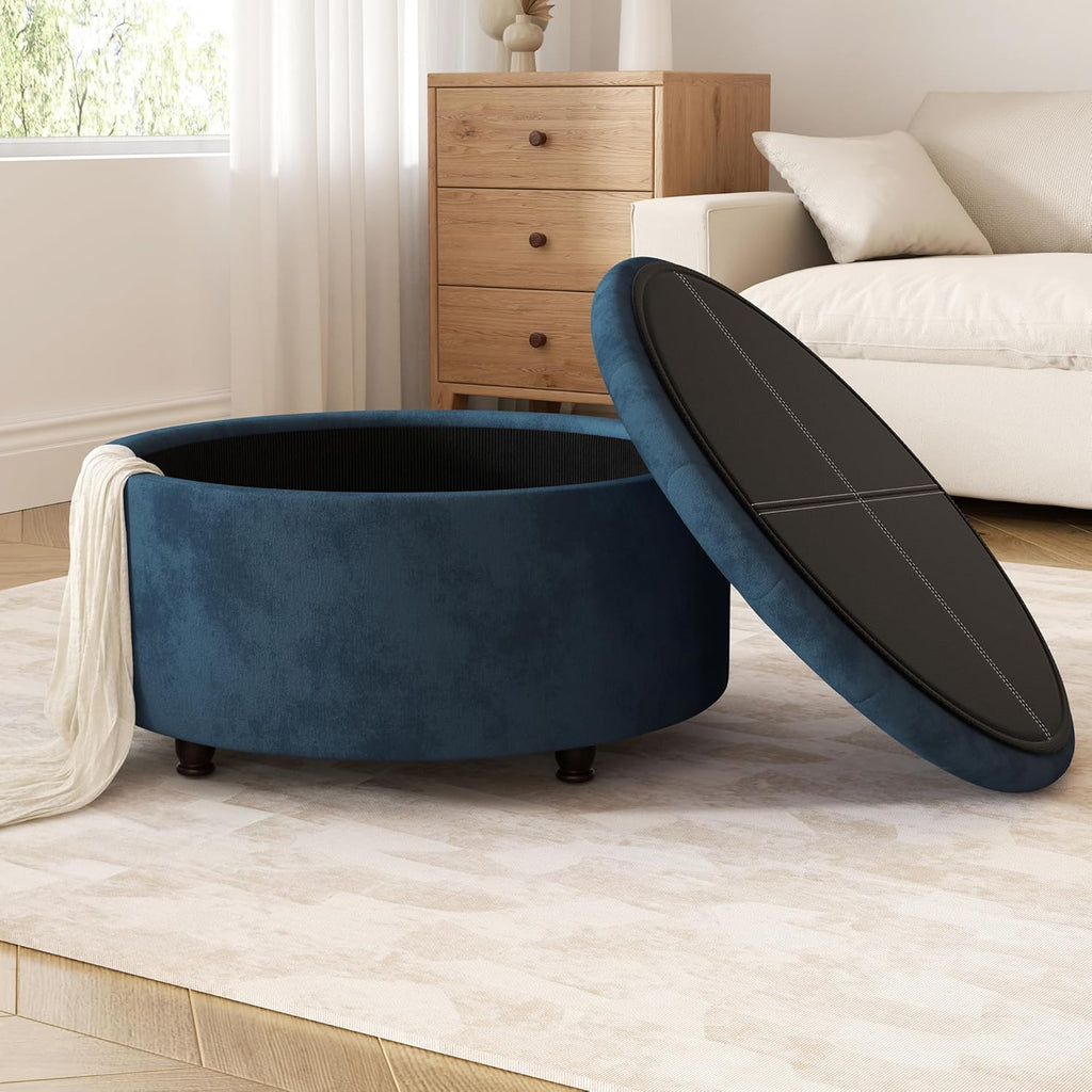 30 Inch Round Storage Ottoman,Modern Blue Tufted Ottomans,Circular Coffee Table with Removable Top,Upholstered Large