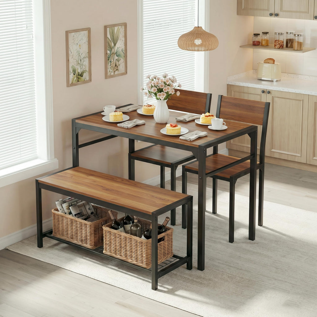 Dining Table Set for 4 with Bench, 4 Pieces Kitchen Table and Chairs, Space-Saving Dinner Table, Extra Storage