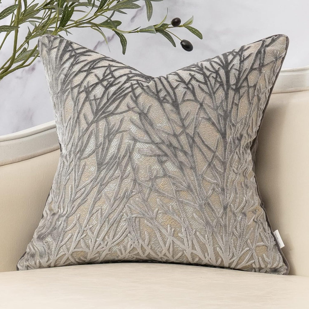Dark Grey Twigs Throw Pillow Cover Branches Velvet Cushion Case Neutral Pillowcase,18x18 Inch