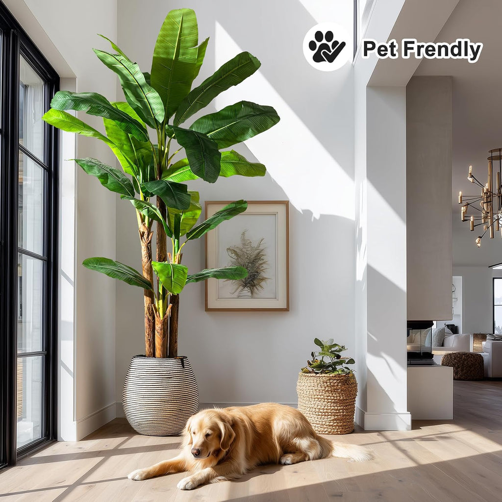 Banana Tree 8.2ft, Faux Tropical Palm Tree Plant with Realistic Leaves, Low Maintenance Indoor Outdoor Decor Porch