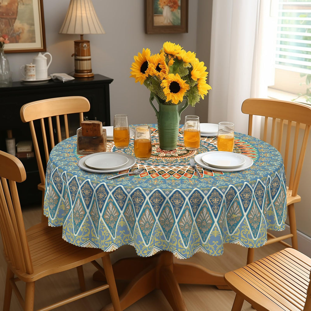 Boho Round Tablecloth 70In Wrinkle and Stain Resistant Table Cover