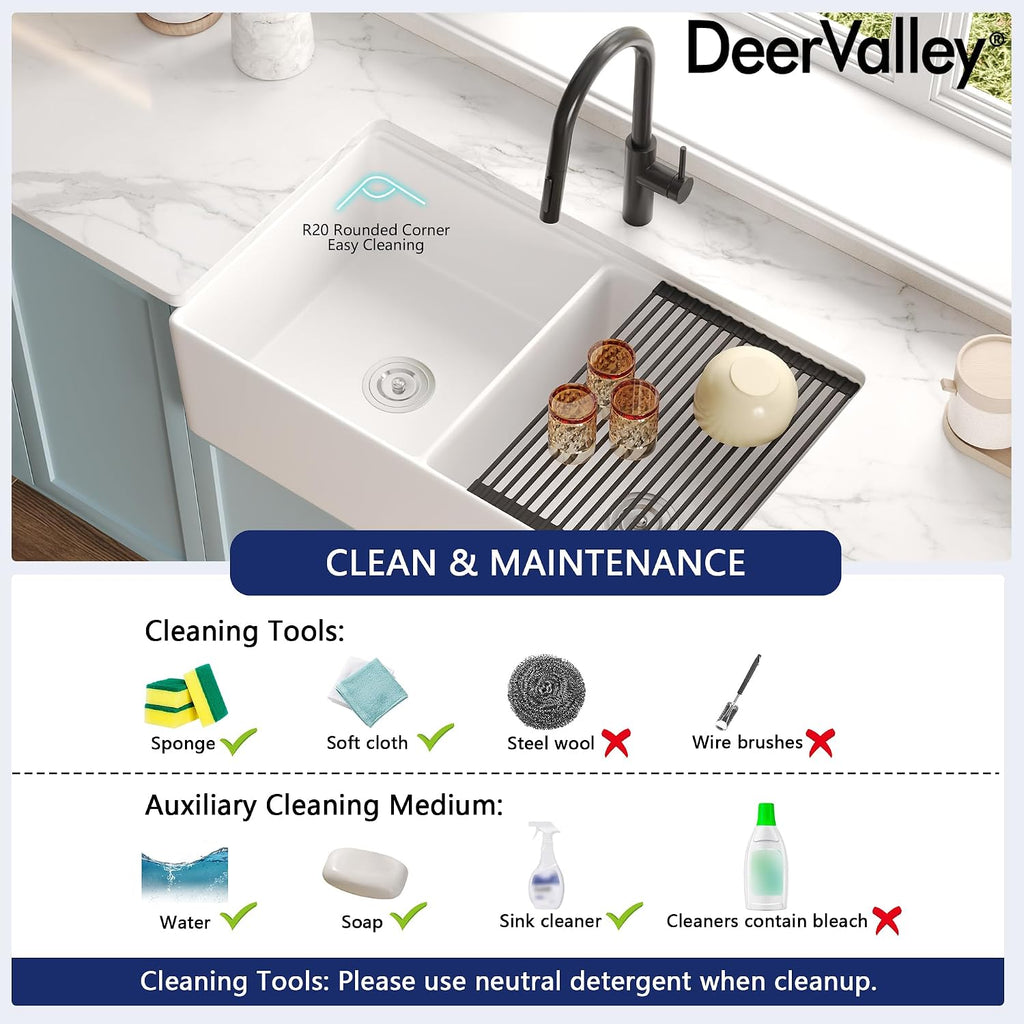 Double Bowl Workstation Kitchen Sink 36 Inch | Fireclay Deep Farmhouse Apron Front Kitchen Sinks, White Undermount