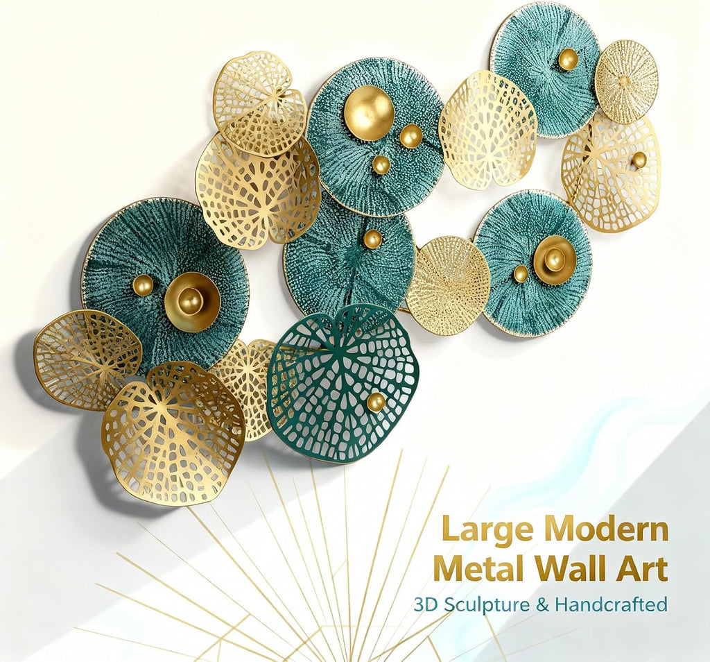 Large 3D Metal Wall Art, Modern Blue & Gold Lotus Leaf Sculpture, Coastal Home Decor Bedroom, Fall Halloween
