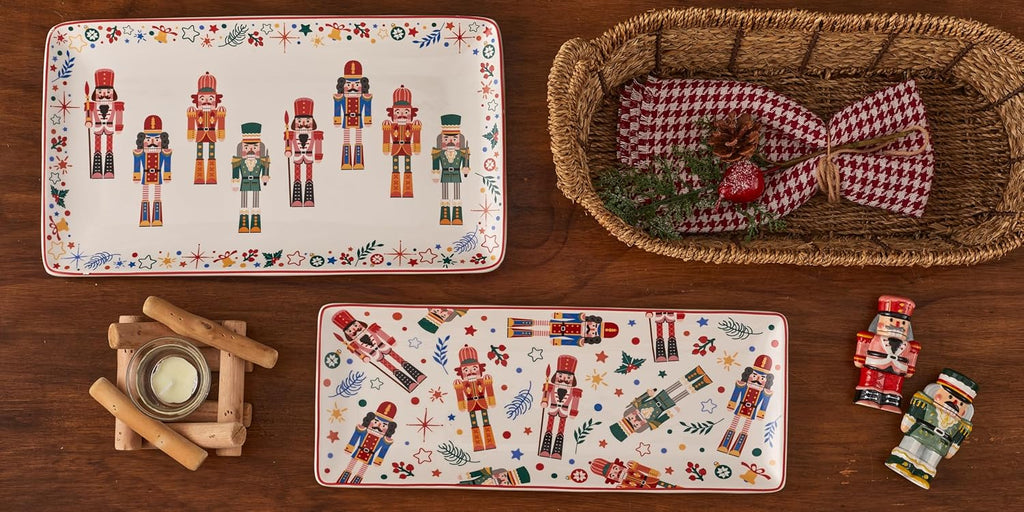Christmas Soldier Ceramic Rectangular Serving Platters Set of 2, 14 Inch, Microwave & Dishwasher Safe, Large
