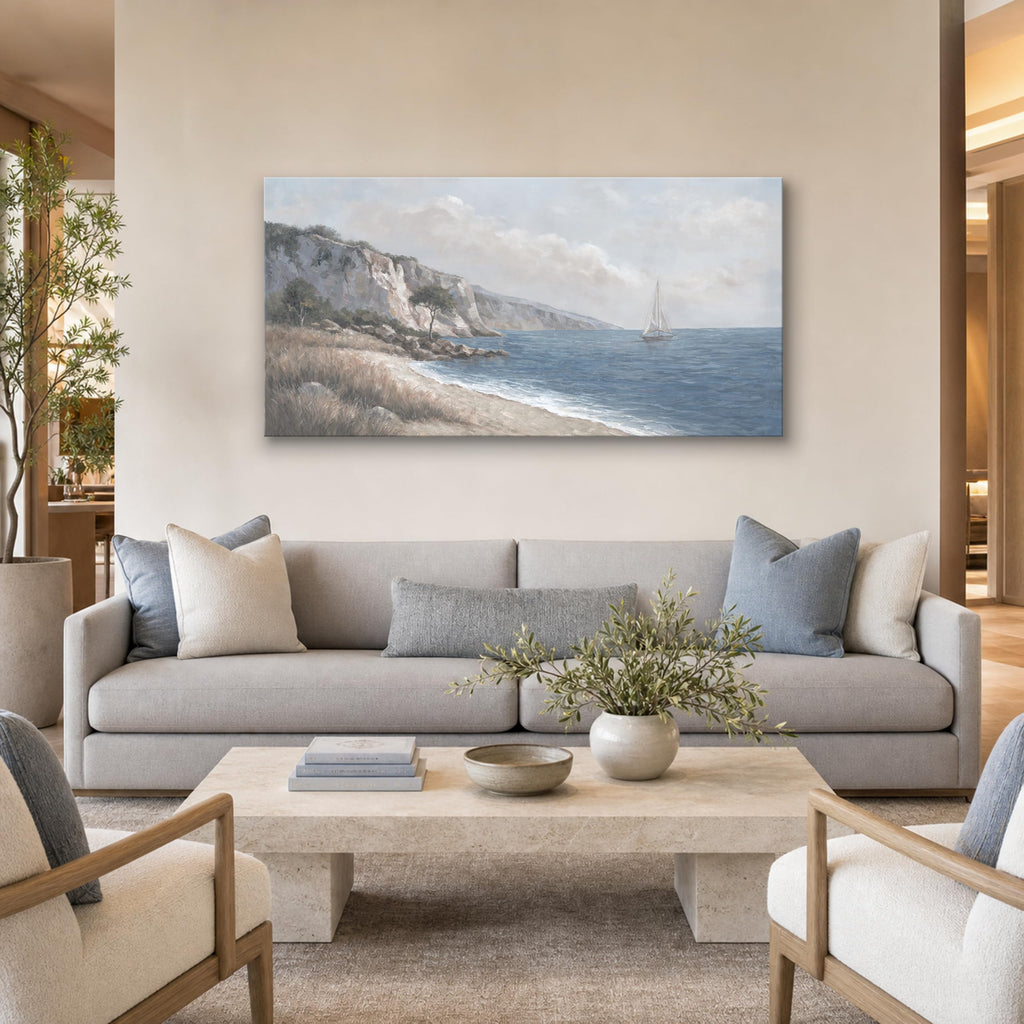 Large Coastal Seascape Canvas Wall Art, 58 x 29 Inch Blue Gray Sailboat and Cliff Landscape Print, Horizontal Beach