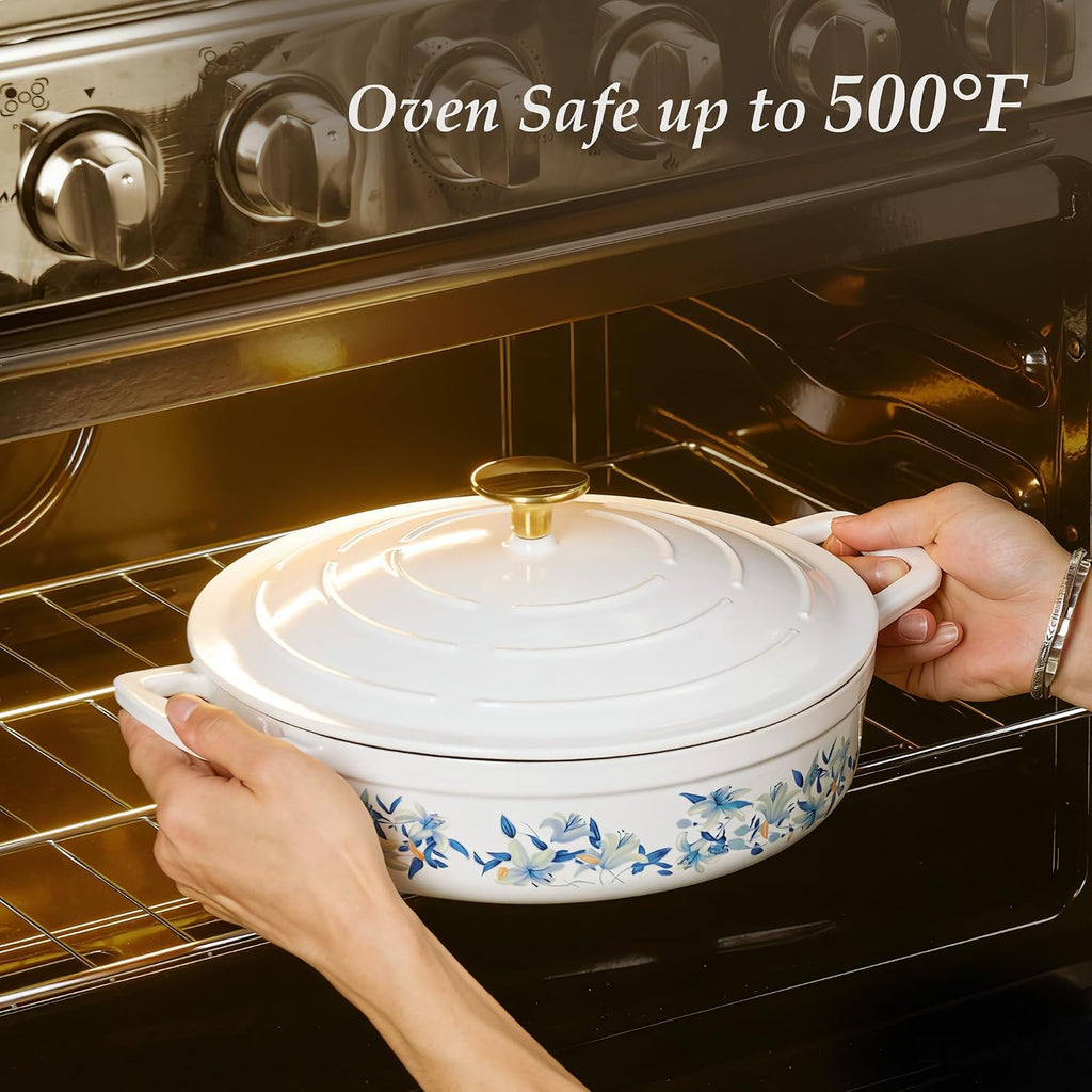 3.5QT Enameled Cast Iron Braiser Pan, Shallow Floral Dutch Oven Casserole Skillets, Non-Toxic Cast Iron Pot with Lid