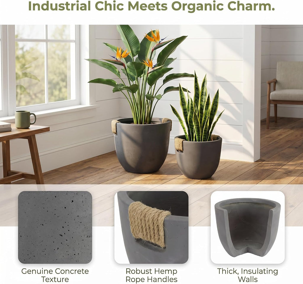 Set of 2 Planter Pots (12.79" & 9.45" ), Lightweight Concrete Look Planters for Indoor Outdoor Plants, Modern Planter