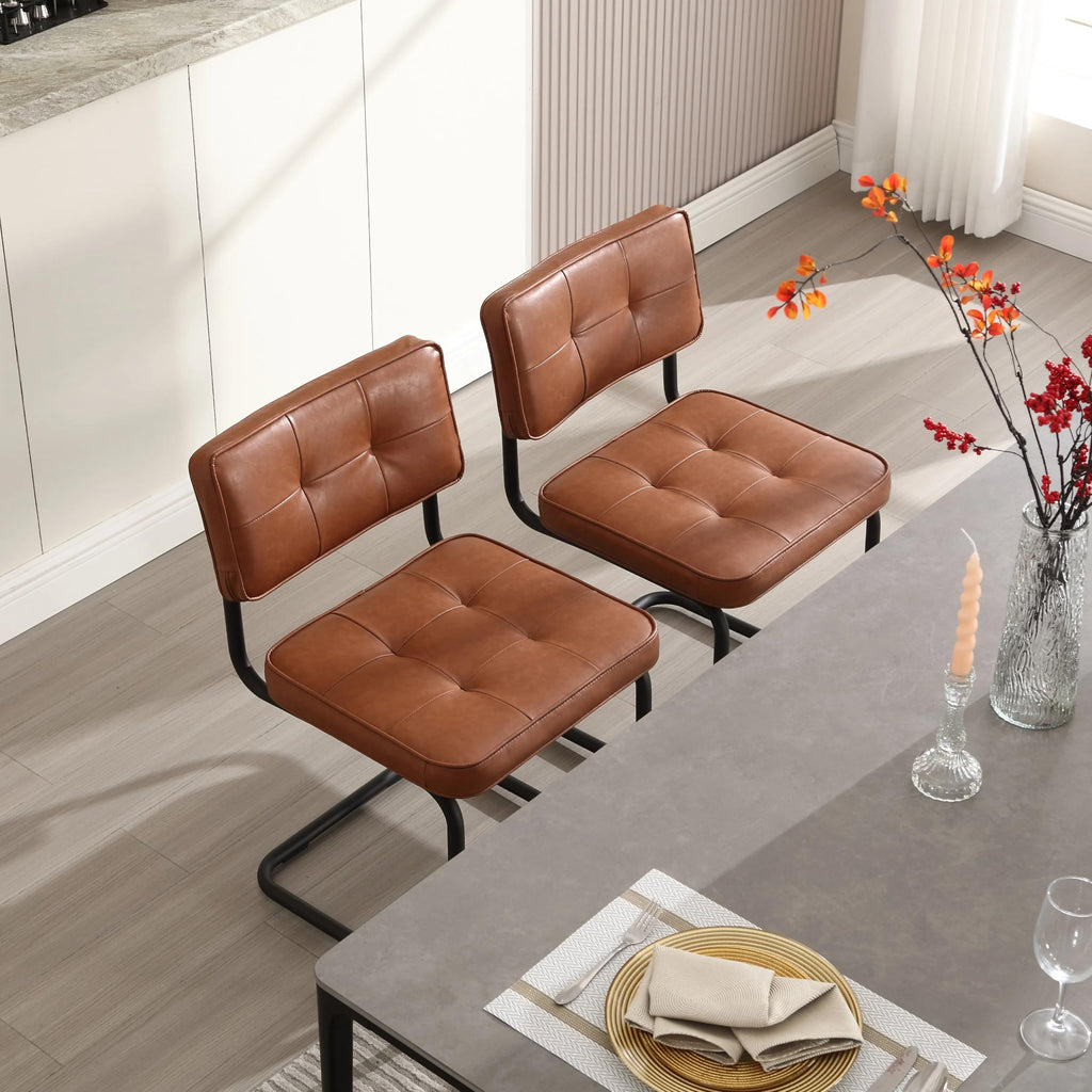 Industrial Metal Dining Chairs Set of 4, Upholstered Faux Leather Kitchen Chairs with Black Metal Base, Living Room