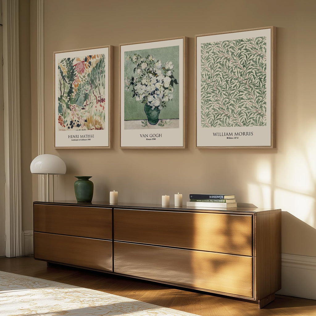 Large Framed Van Gogh Sage Green Canvas Wall Art, 3 Piece