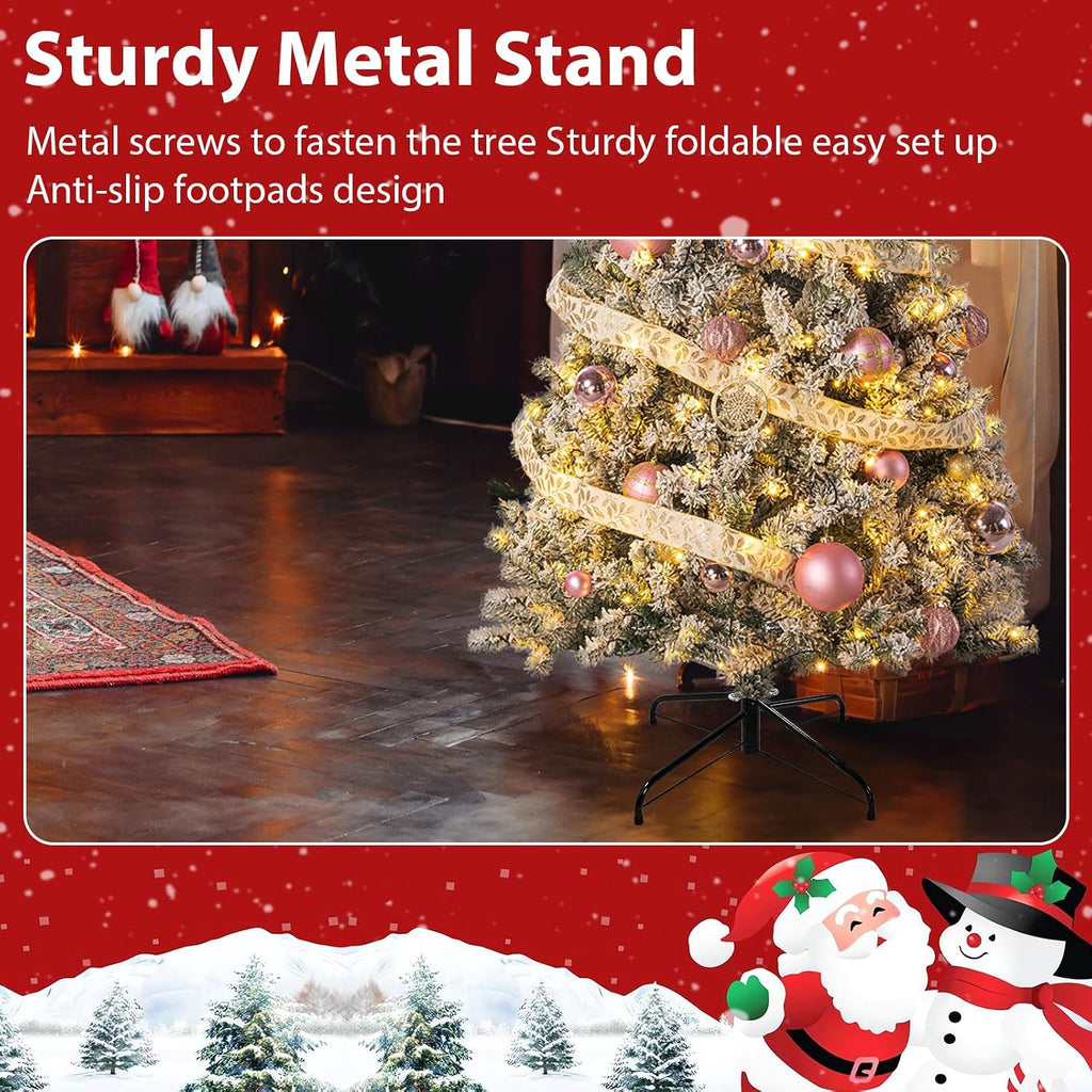 7FT Pre-Lit Artificial Christmas Tree, Hinged Snow Flocked Xmas Tree with 1200 Realistic Branch Tips, Premium Metal