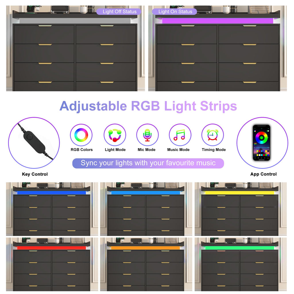 8 Drawer Dresser, Black Dresser with LED Lights and Power Outlet, Wooden Dressers Chests of Drawers, Double Wide