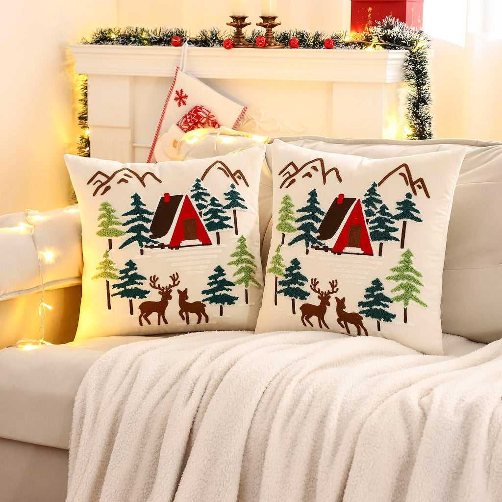 Christmas Pillow Covers 18x18 House and Deer Decorative Beige Pillow Cases Winter Holiday Velvet Embroidered - Set of 2