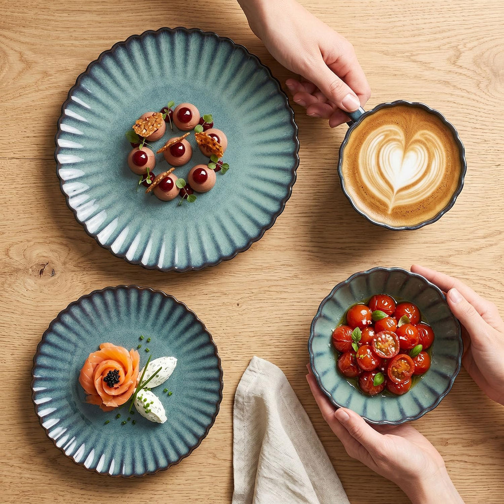 Ceramic Plate and Bowl Set, 16 Pieces, Flower Shaped、Dinnerware Set, Serves 4, Modern Dinner Salad Plate | Cereal