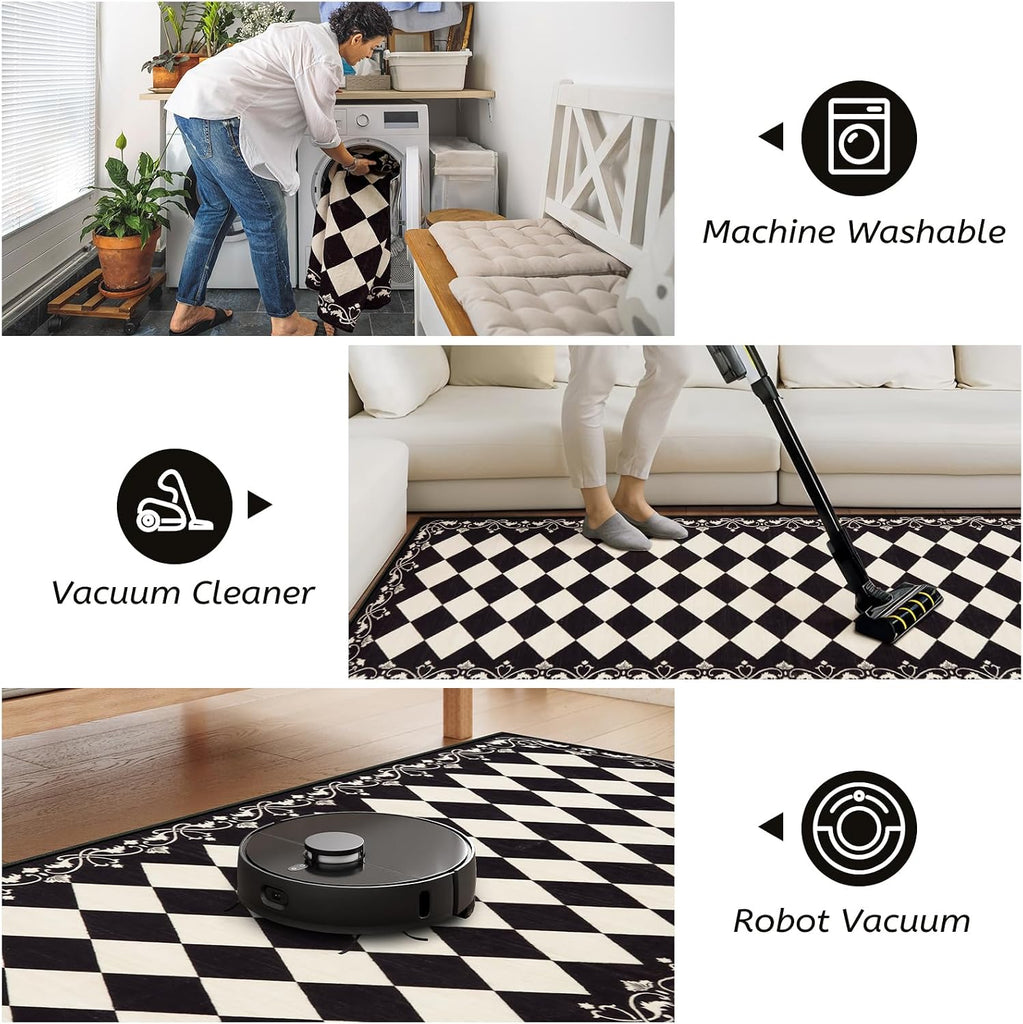 Checkered Kitchen Runner Rug 2x6 Vintage Modern Washable Runners s Non Slip Low Pile, Moroccan Framhouse Bathroom