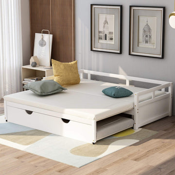 Extending Daybed with Trundle, Twin to King Design Wood Bed Frame, Living Room or Bedroom Furniture, No Box Spring