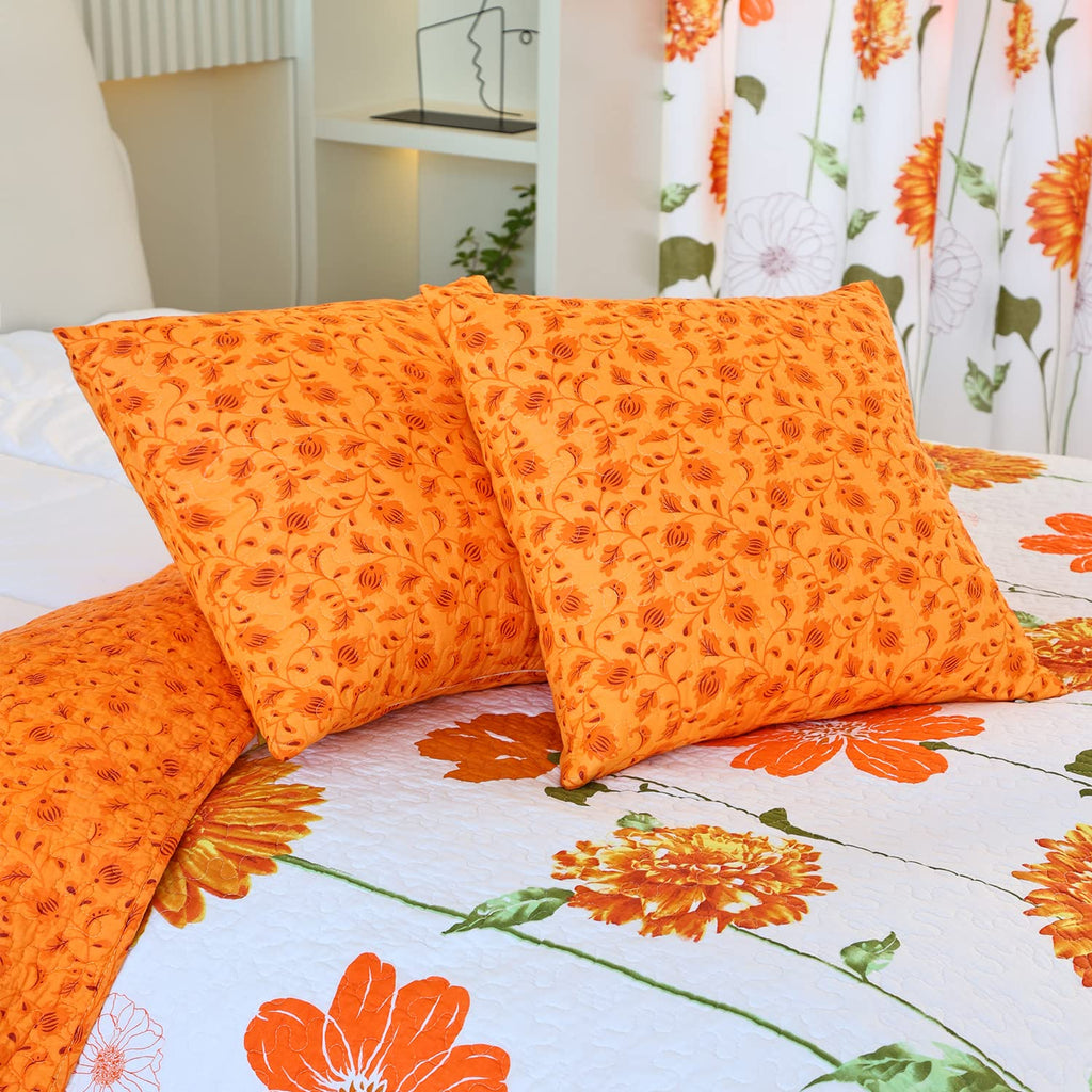 Quilted Pillow Shams Set of 2 Orange Sunflower Pillow Covers Floral Pillowcases Matching Bedding Decoration (18" X
