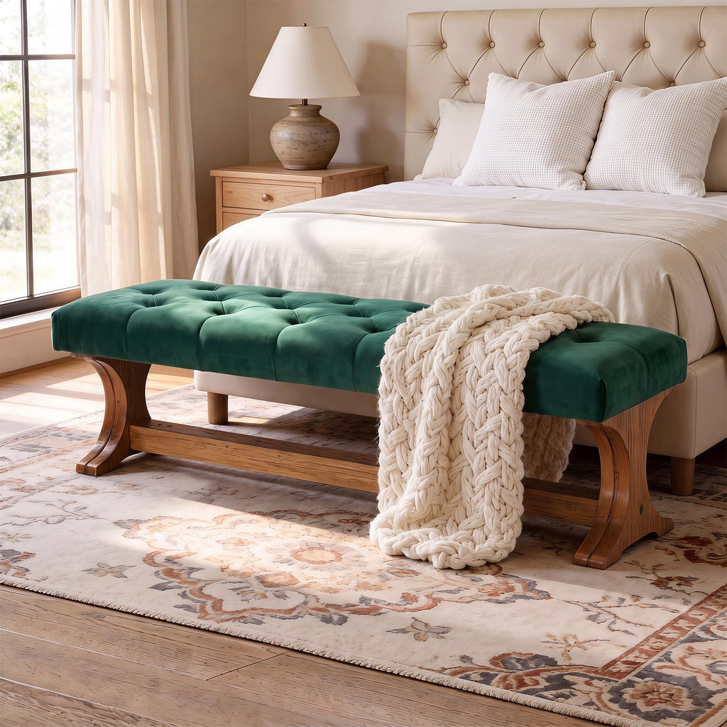 55" Upholstered End of Bed Bench, Solid Wood Tufted Entryway Bench, Farmhouse Ottoman with Cushion, Foot of Bed