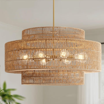 30" Rattan Chandelier, Large Boho Pendant Light