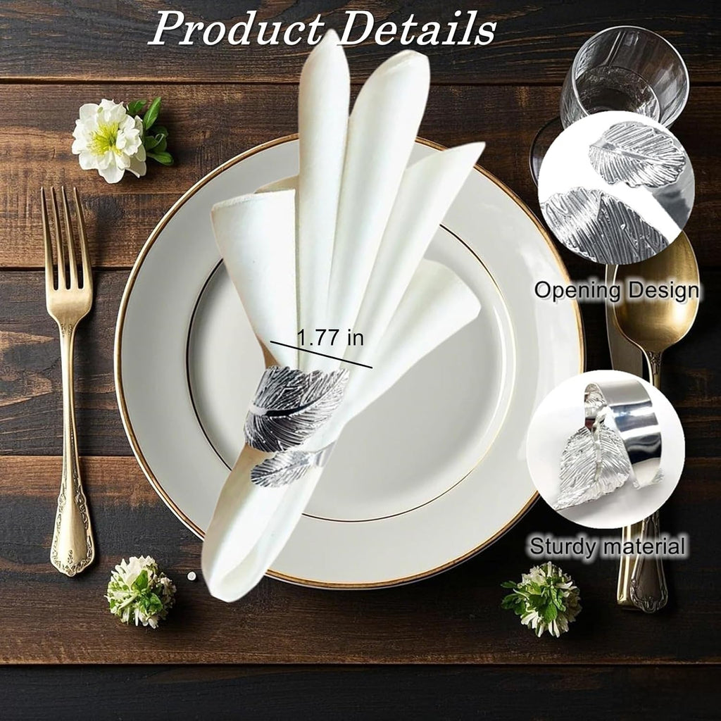 Silver Napkin Rings,Shiny Metal Leaf Napkin Ring Silver Napkin Holder for Table Setting Decor,Stylish Rings - Set of 12