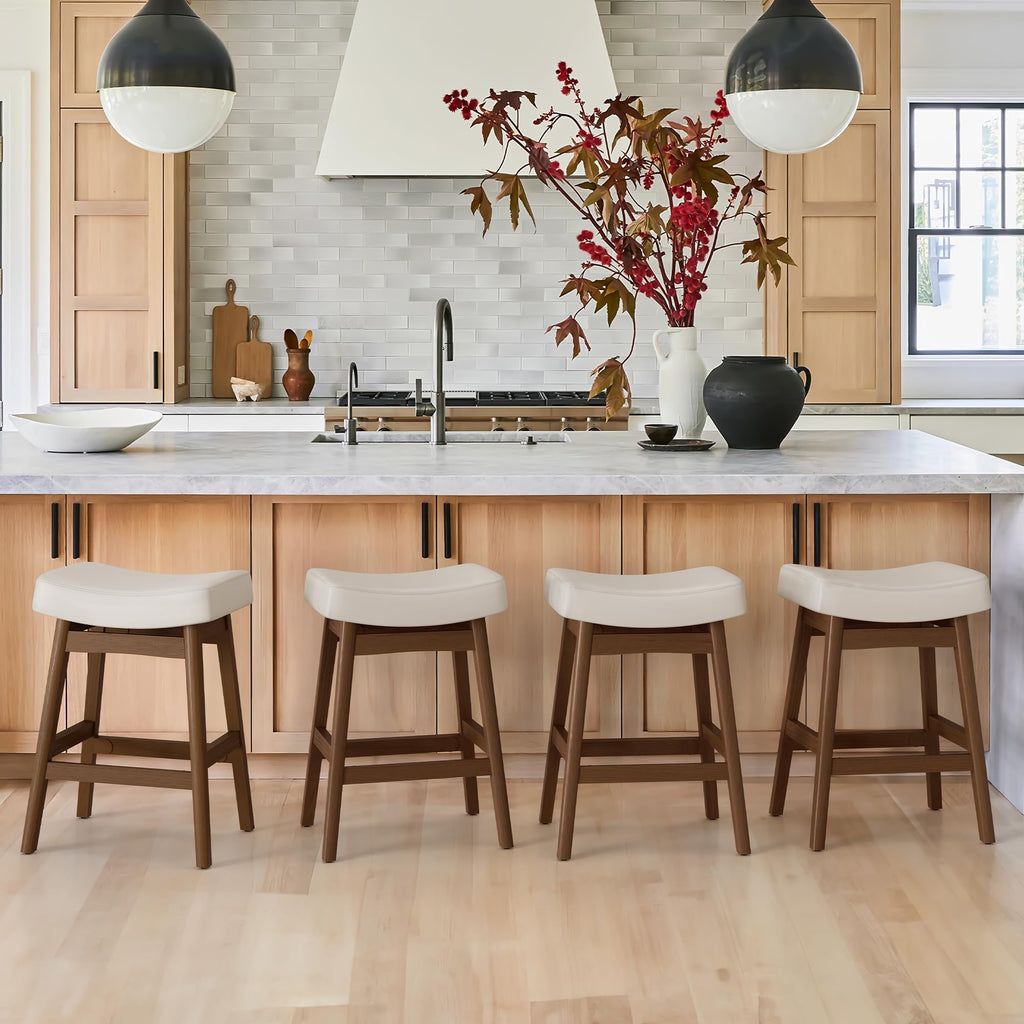 Bar Stools Set of 3, Barstools with Sturdy Wood Legs, Saddle Seat Counter Height Bar Stools Counter, Bar, Dining, 24