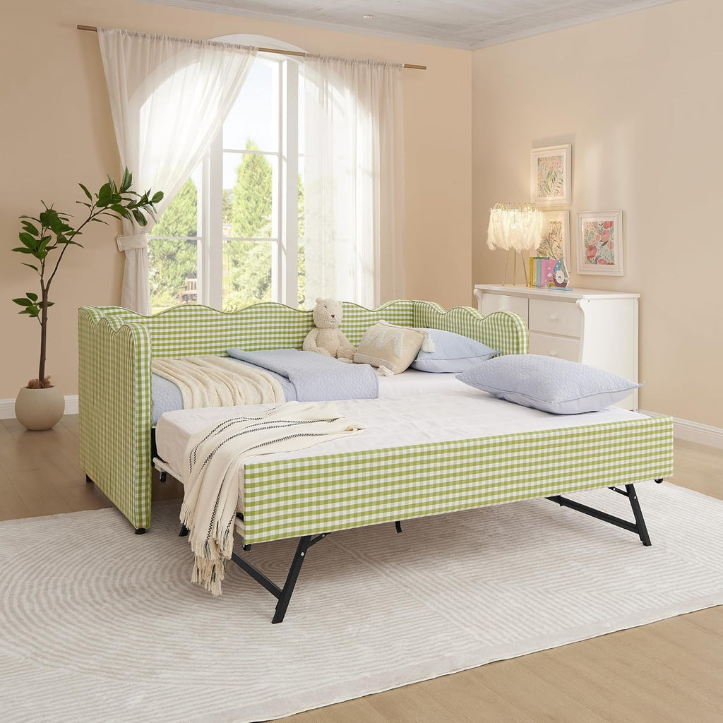 Twin Size Upholstery Daybed with Trundle and USB, Twin to King Design Adorable Wave Shaped Extendable Linen Sofa Bed