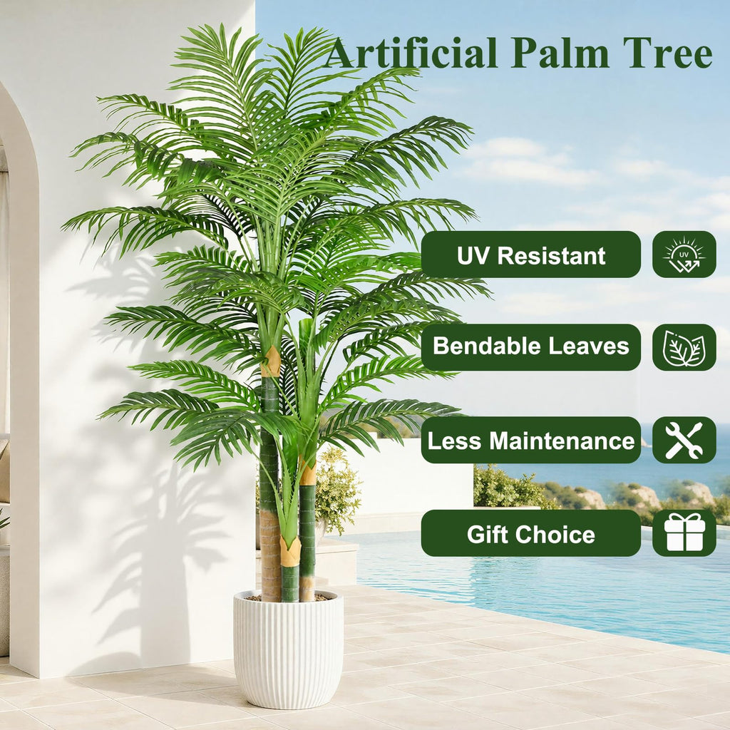7ft Triple Golden Cane Palm Artificial Tree, Tall Faux Palm Tree with 33 Realistic Leaves, UV Resistant Fake Tropical