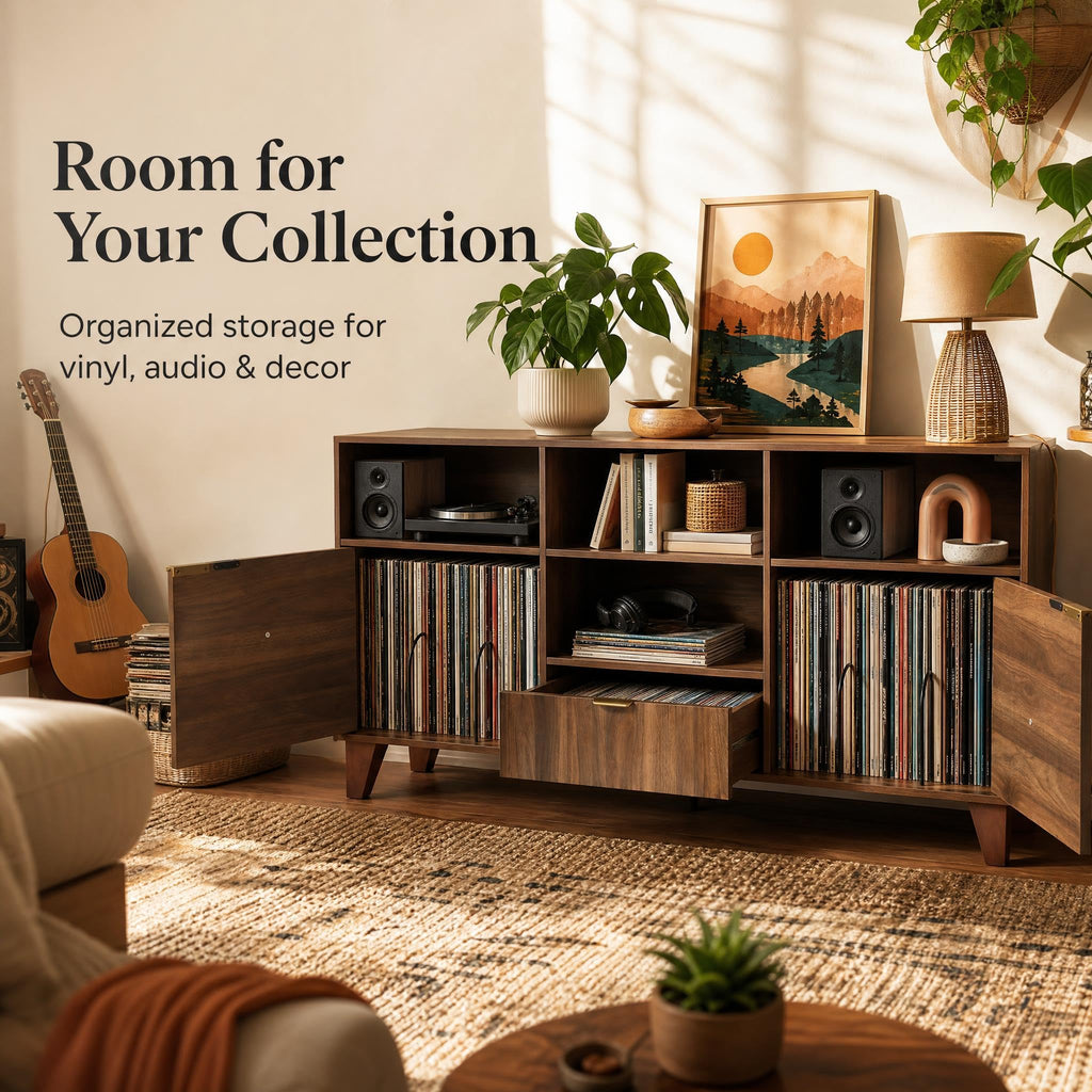 Large Record Player Stand with Vinyl Storage, Mid Century Modern Turntable Cabinet with Charging Station & Power