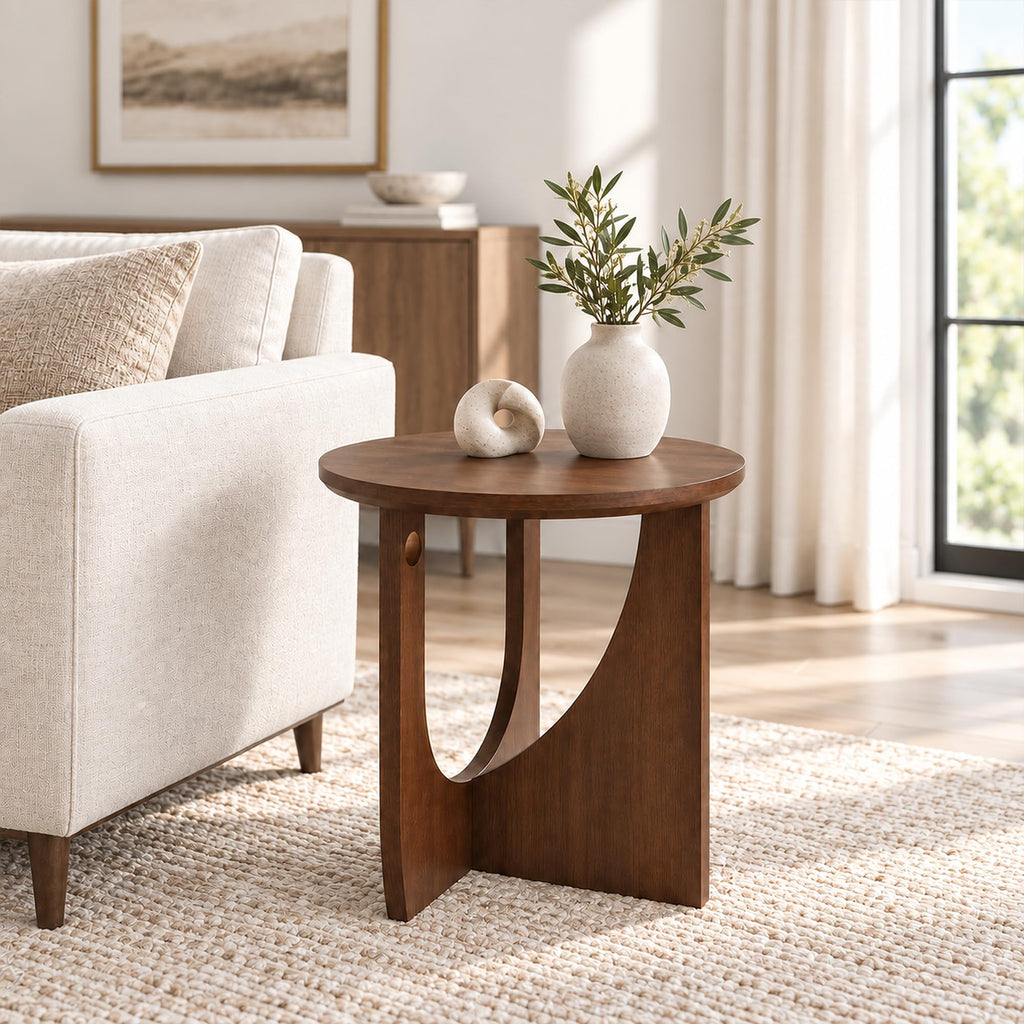 Round Side Table, 19.7" Solid Wood End Table, Mid Century Modern, Walnut