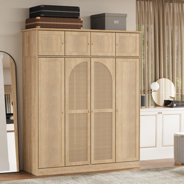 4 Doors Large Armoire Wardrobe Closet with Rattan Doors, 70.87" Tall Freestanding Wooden Closet Wardrobe Cabinet with
