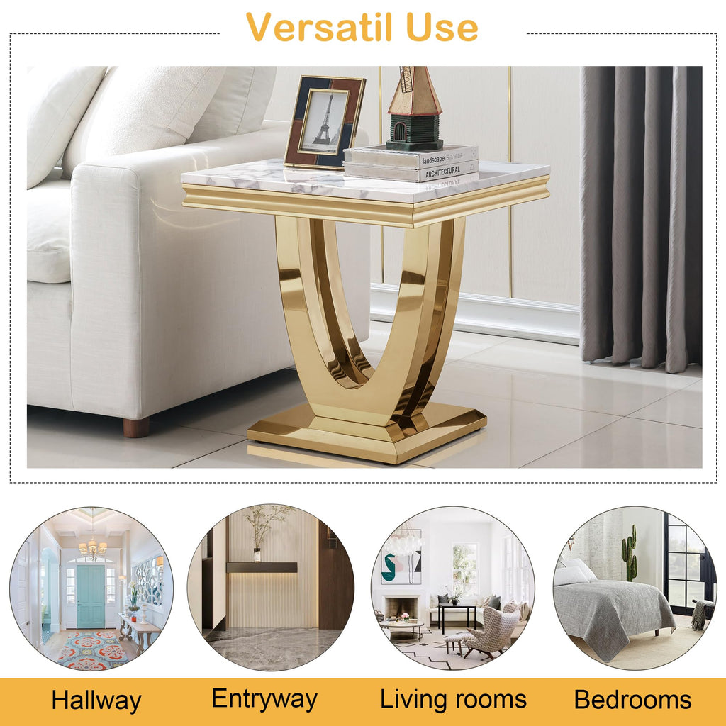 Inspired Saarinen Style Marble Luxury Gold Side Table with Geometric U-Shape Stainless Steel Pedestal Modern Square Sofa Side Table White