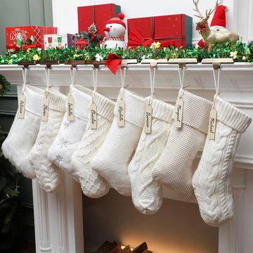 Rustic Christmas Stockings Set, 18" & 20" Large Farmhouse Boho White Cream Cable Knit Xmas Stockings Bulk - Set of 8