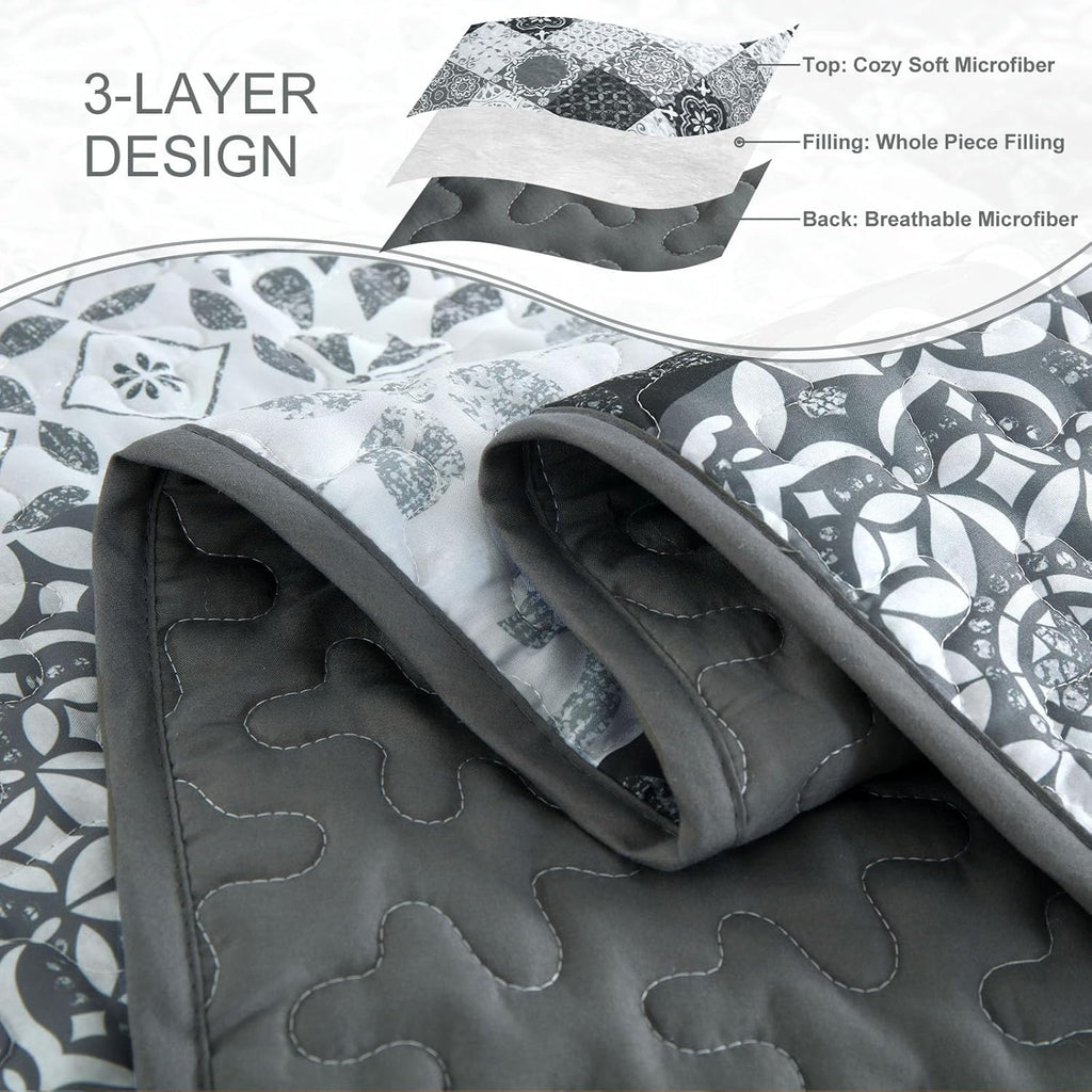 Grey Black Quilt Set Queen, Boho Plaid Patchwork Bedspreads Coverlet Set, 3 Pieces Soft Lightweight Microfiber