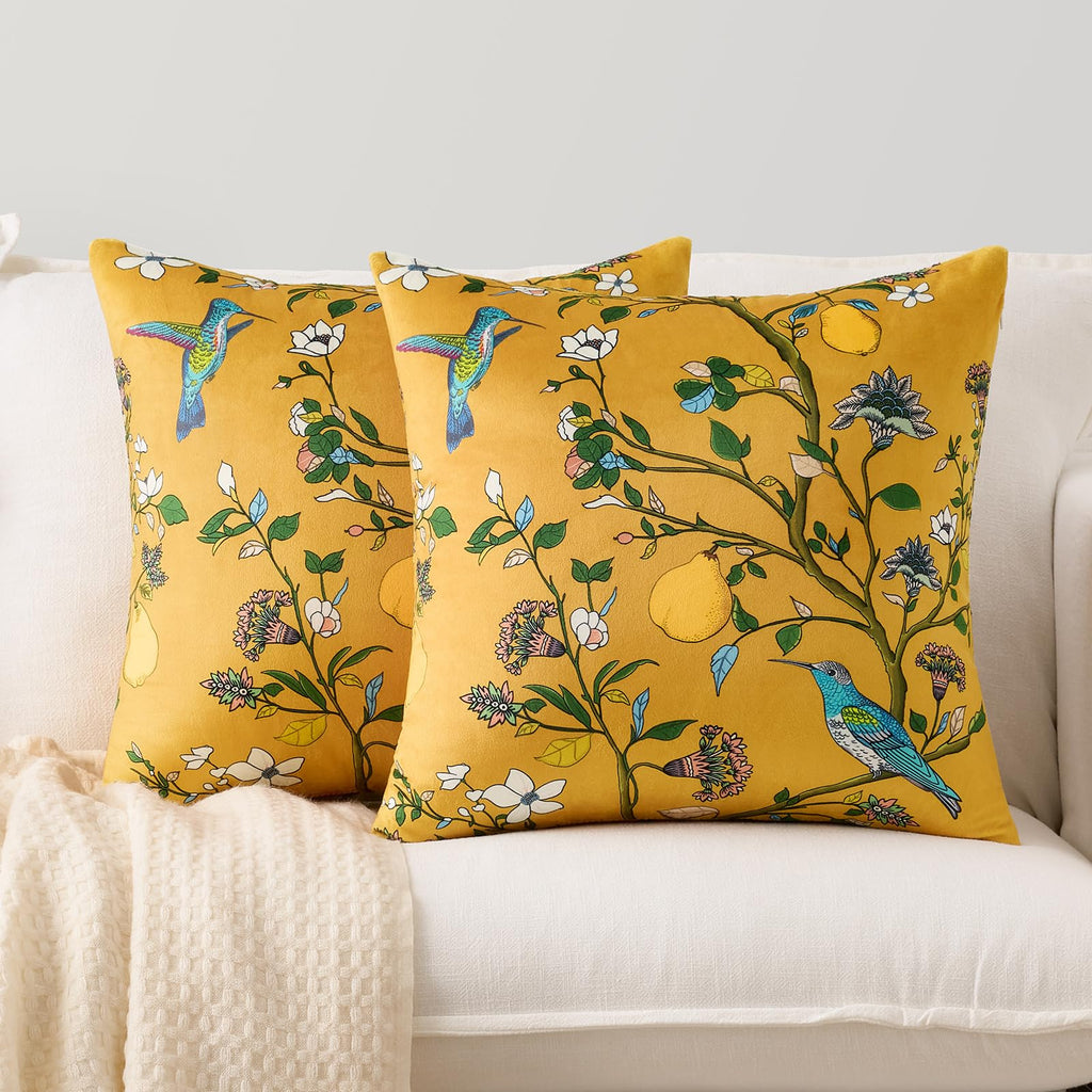 Yellow Velvet Floral Decorative 20x20 Pillow Covers Set of 2