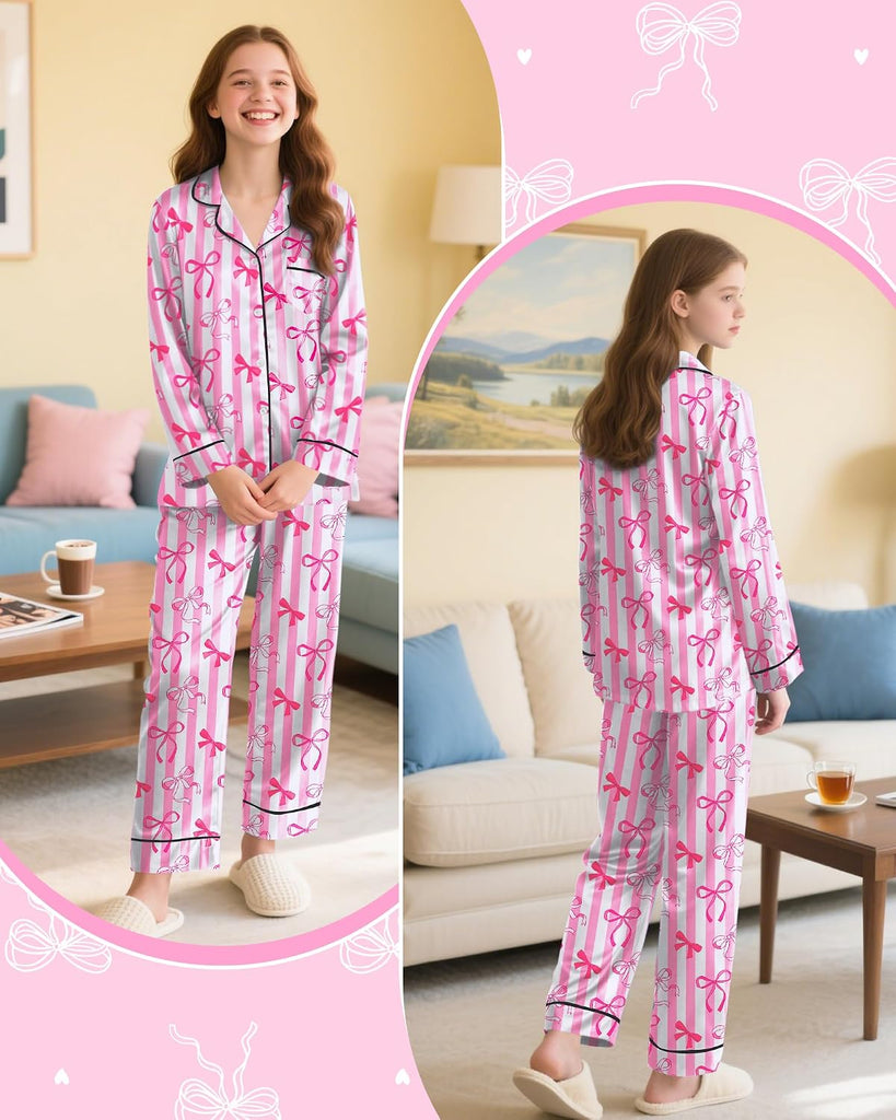 Girls Pajamas Silk PJS Set Satin Sleepwear Long Sleeve Jammies for Kids Button-Down Nightwear Loungewear