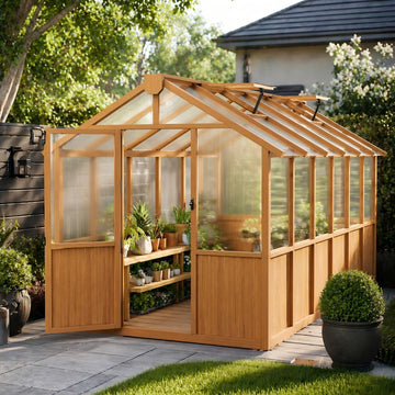 6x12 FT Wooden Greenhouse Outdoor, Heavy Duty Green House with Polycarbonate Panels, Adjustable Roof Vent, Walk-in