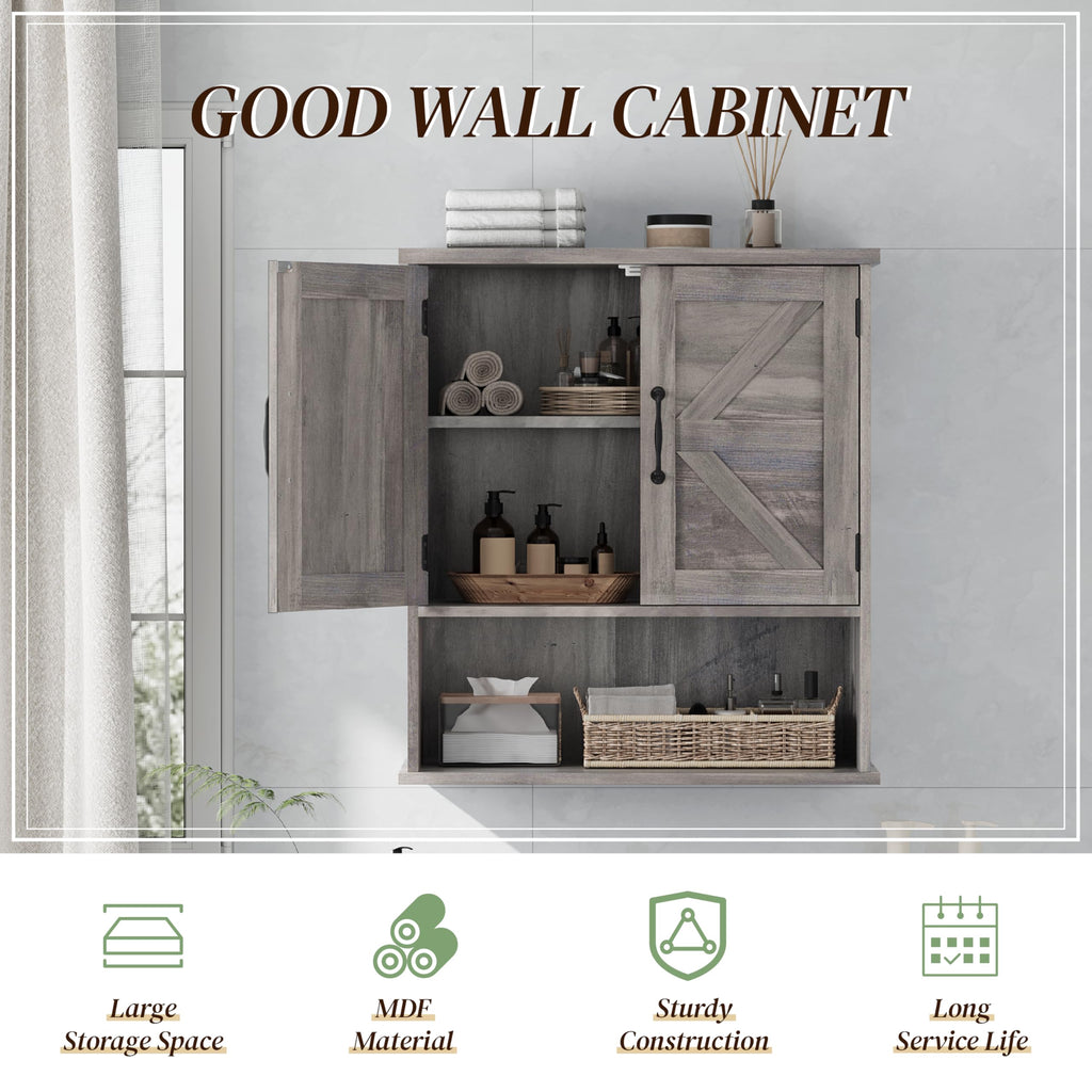 Farmhouse Bathroom Cabinet Wall Mounted, Washed Grey Small Medicine Cabinet with Adjustable Shelf, Bathroom Cabinet