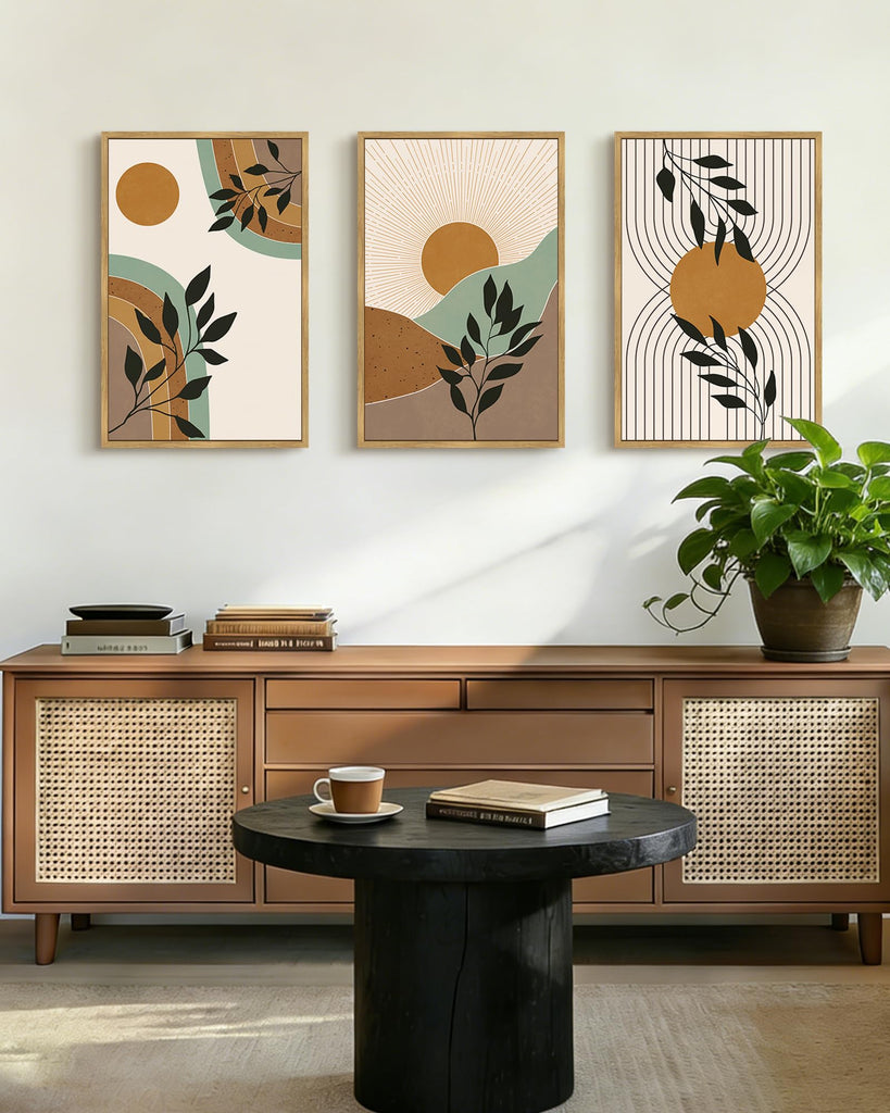 Boho Abstract Wall Art Large 16x24in Botanical Mid Century Modern Framed Wall Printing Neutral Geometric Prints