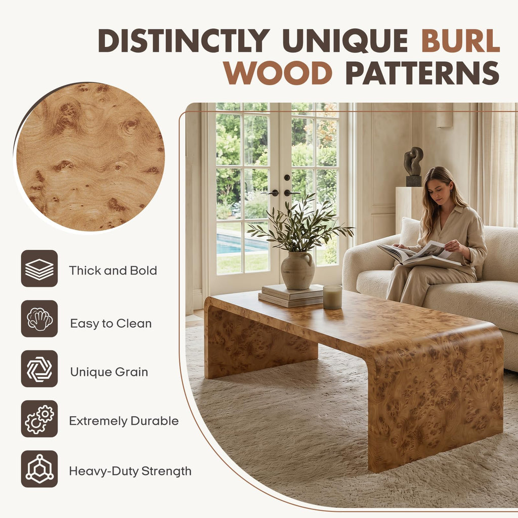 47" Burl Wood Look Coffee Table, Thick Waterfall Edge Wood