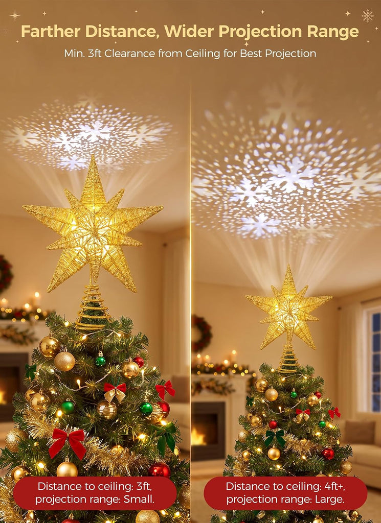 Star Tree Topper with Projector Lights - Double Star Style - Gold