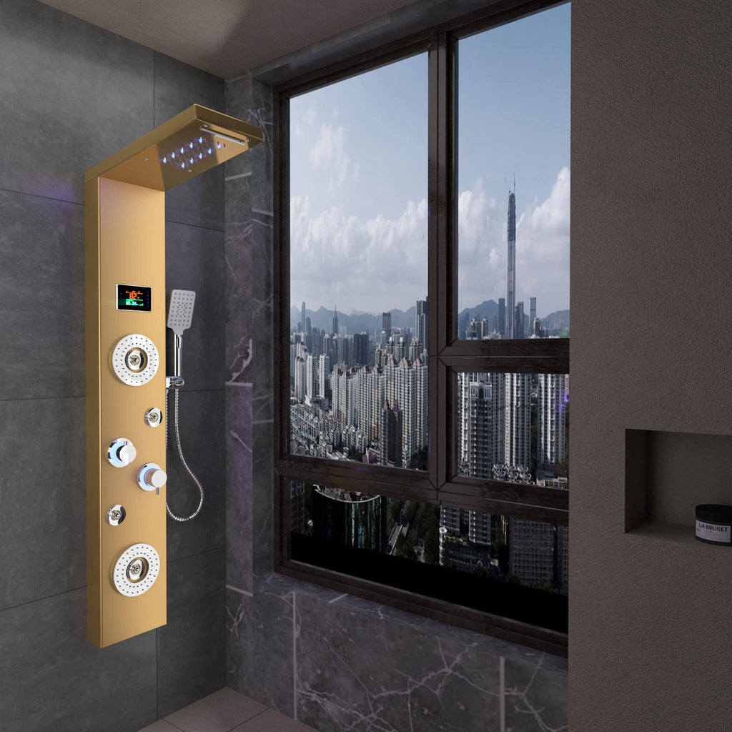LED Rainfall Waterfall Shower Head Rain Massage System with Body Jets Stainless Steel Bathroom Shower Panel Tower