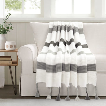 Boho Knitted Braided Tassel Throw Blanket, 60" x 50", Gray