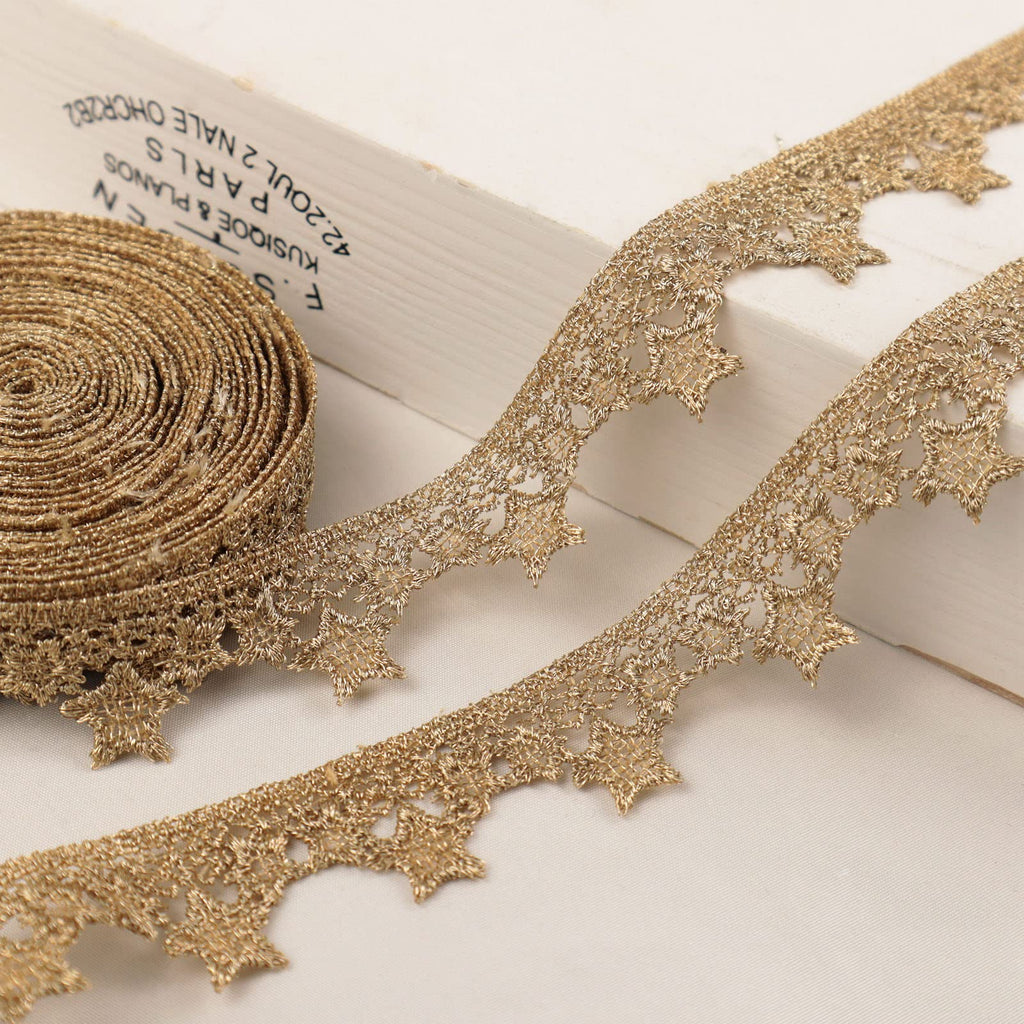 Gold Lace Trim 4.8 Yards Venice Gold Ribbon Metaillic Embroidery Lace Star Craft Lace for Sewing, Cake Fringe