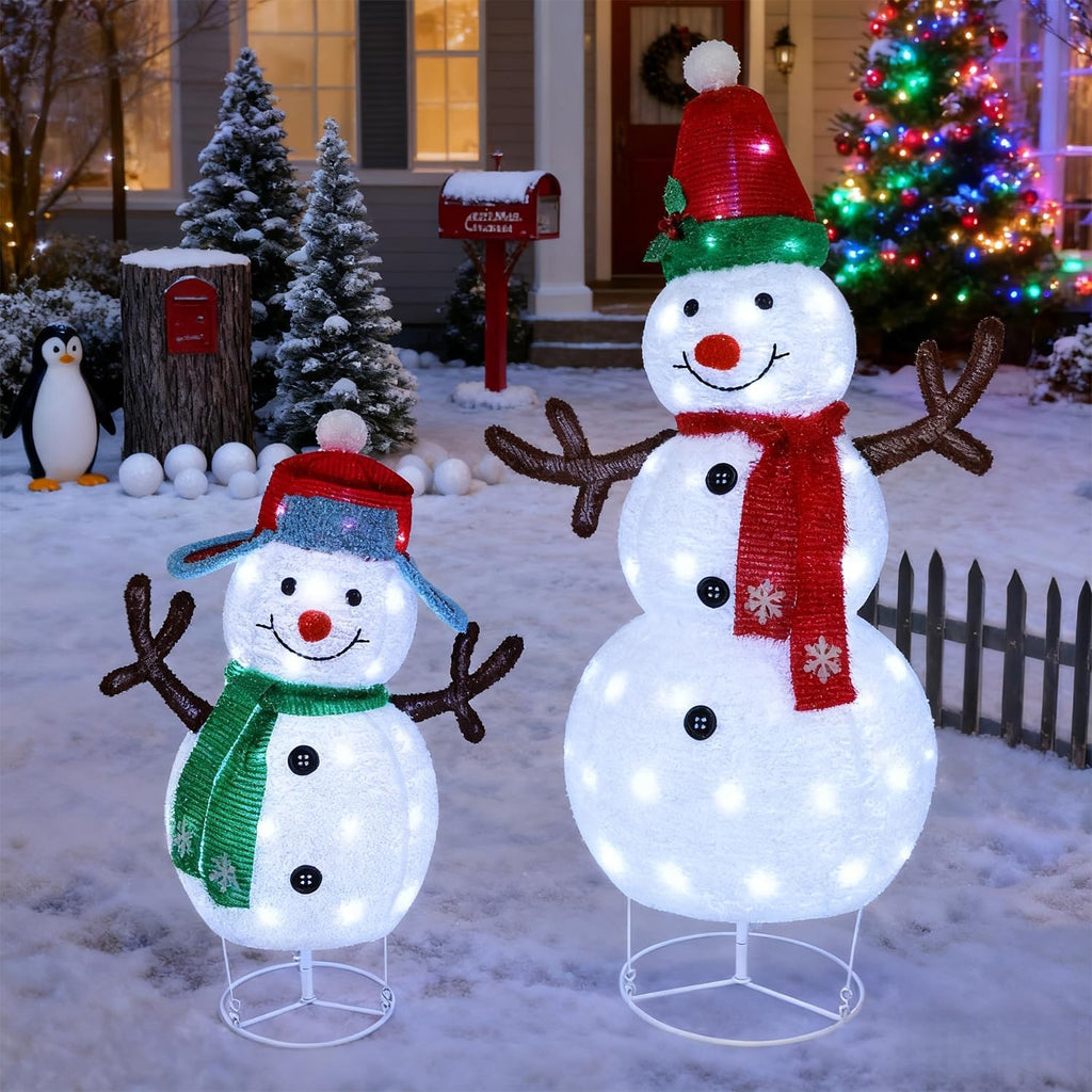 Set of 2 Lighted Christmas Snowman Decorations, 3.6+2.6FT Outdoor Pre-Lit White Snowmen with Lights, Light Up