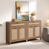 Sideboard Buffet Cabinet Set of 2, Rattan Credenza Storage Cabinet, Boho Buffet Table Console Cabinets with Drawer