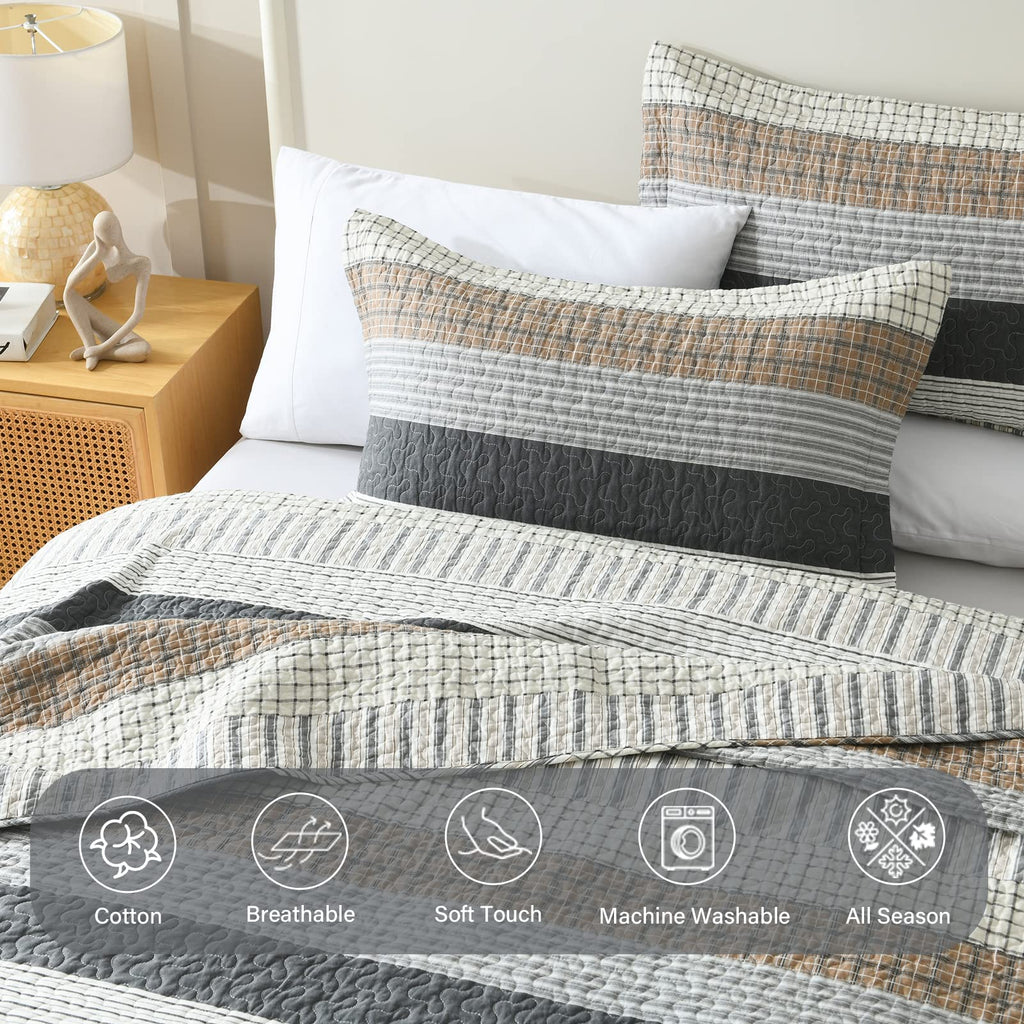 100% Cotton Modern Farmhouse Quilt Set, Neutral, Gray