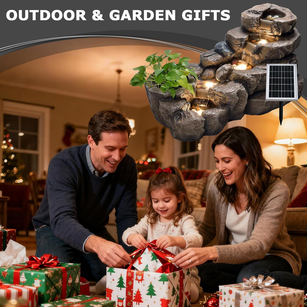 38.2" L Solar Water Fountain Outdoor,5-Tier Rock Waterfall Fountains Solar Powered Floor Standing Outdoor Water
