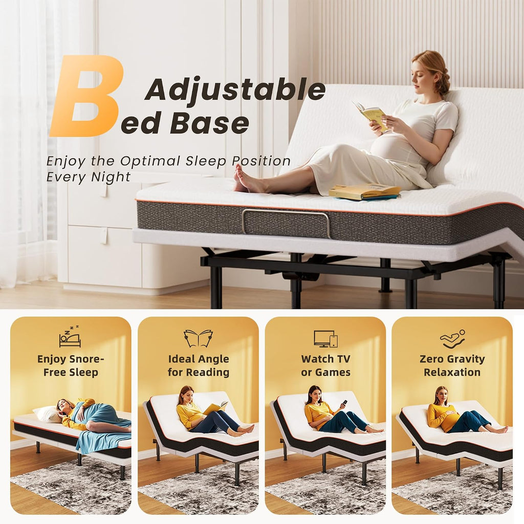 King Adjustable Bed Frame with Massage, Wireless Remote, Head Foot Incline, USB, Underbed Light - Heavy Duty
