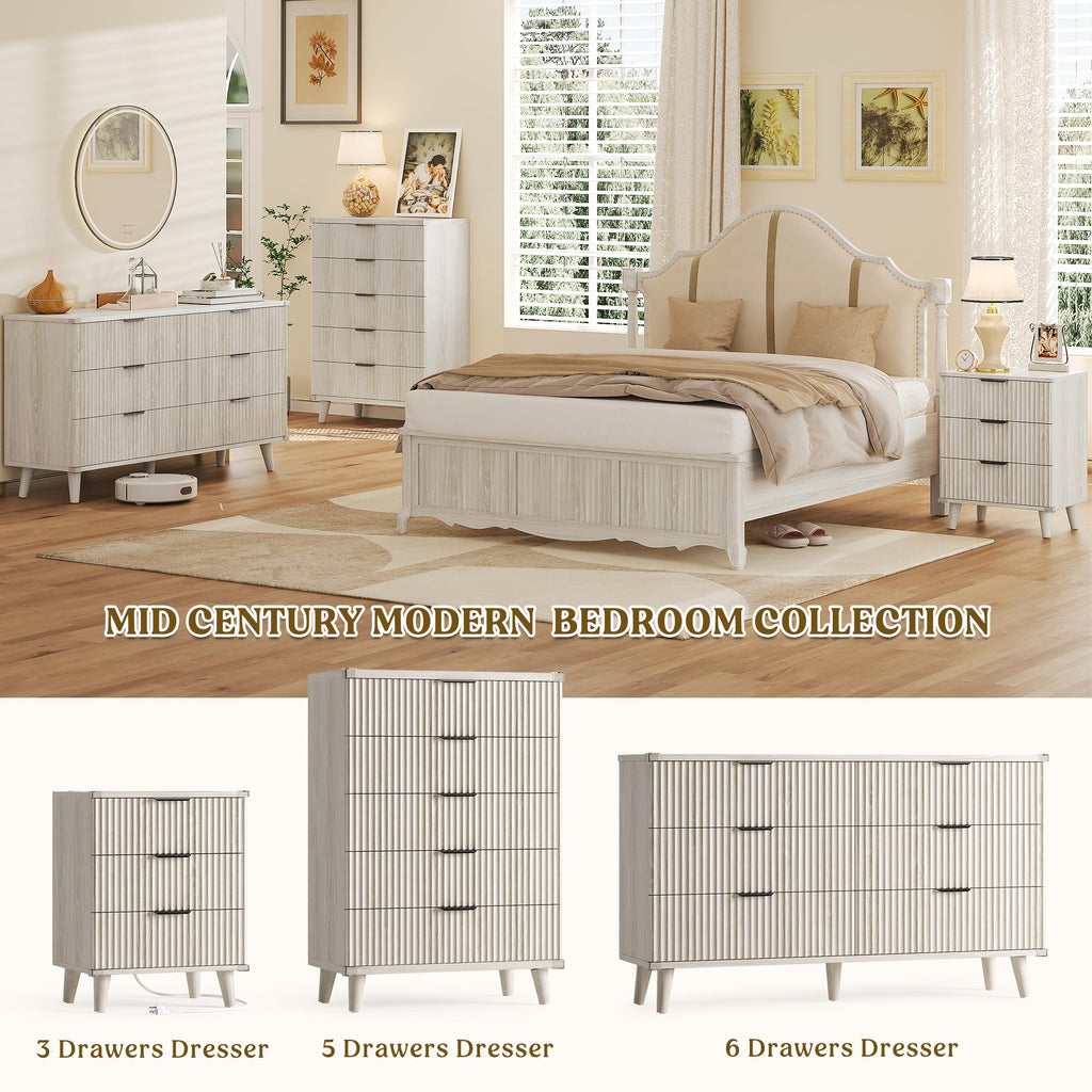 Wood Nightstands Set of 2 w/Charging Station, 3 Drawers Fluted Dresser