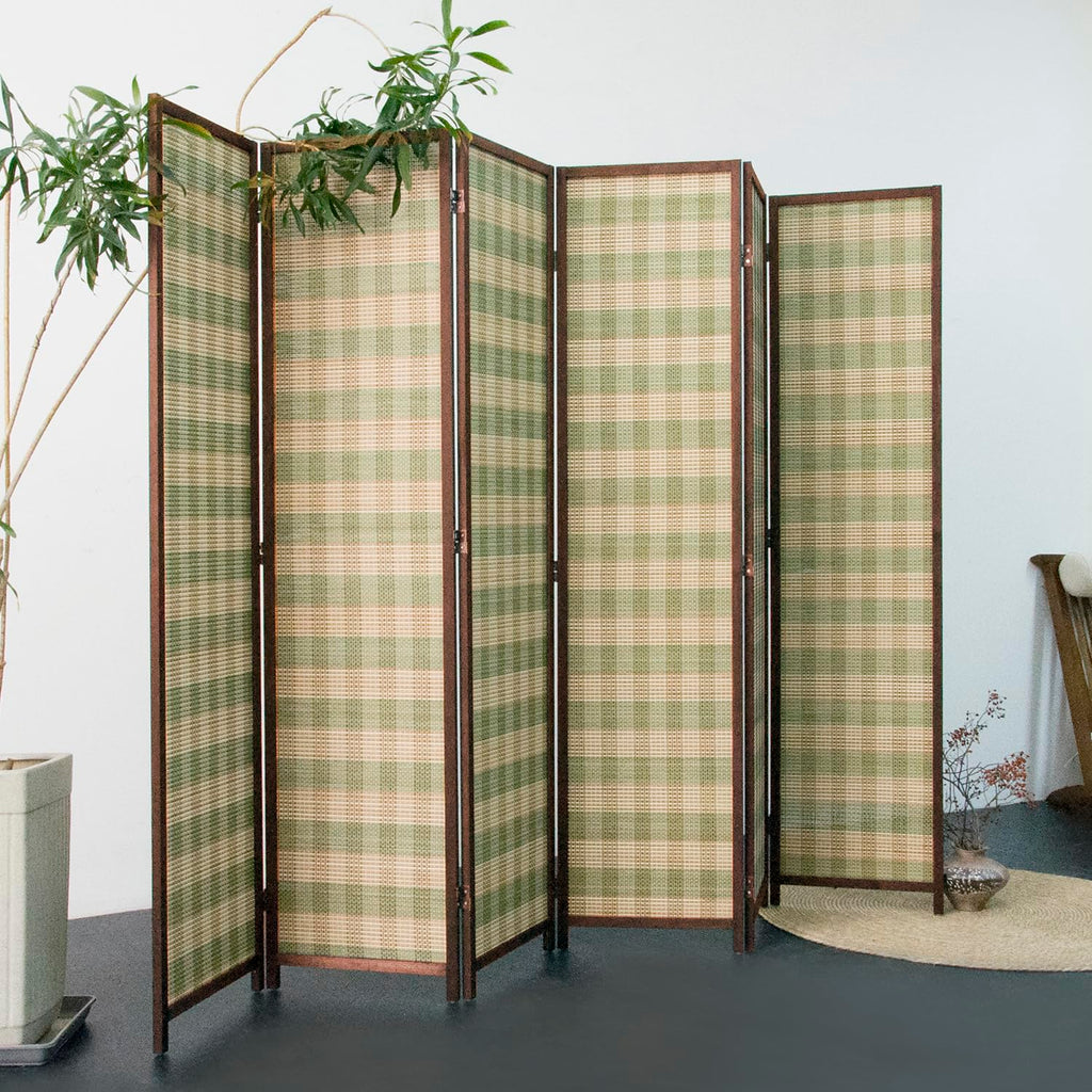 6 Panel Bamboo Room Divider, Green Stripe Folding Privacy Screen